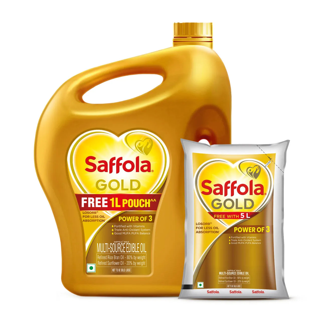 Saffola Gold Oil Power of 3 - 5l (Jar)+ Free 1l (Pouch)